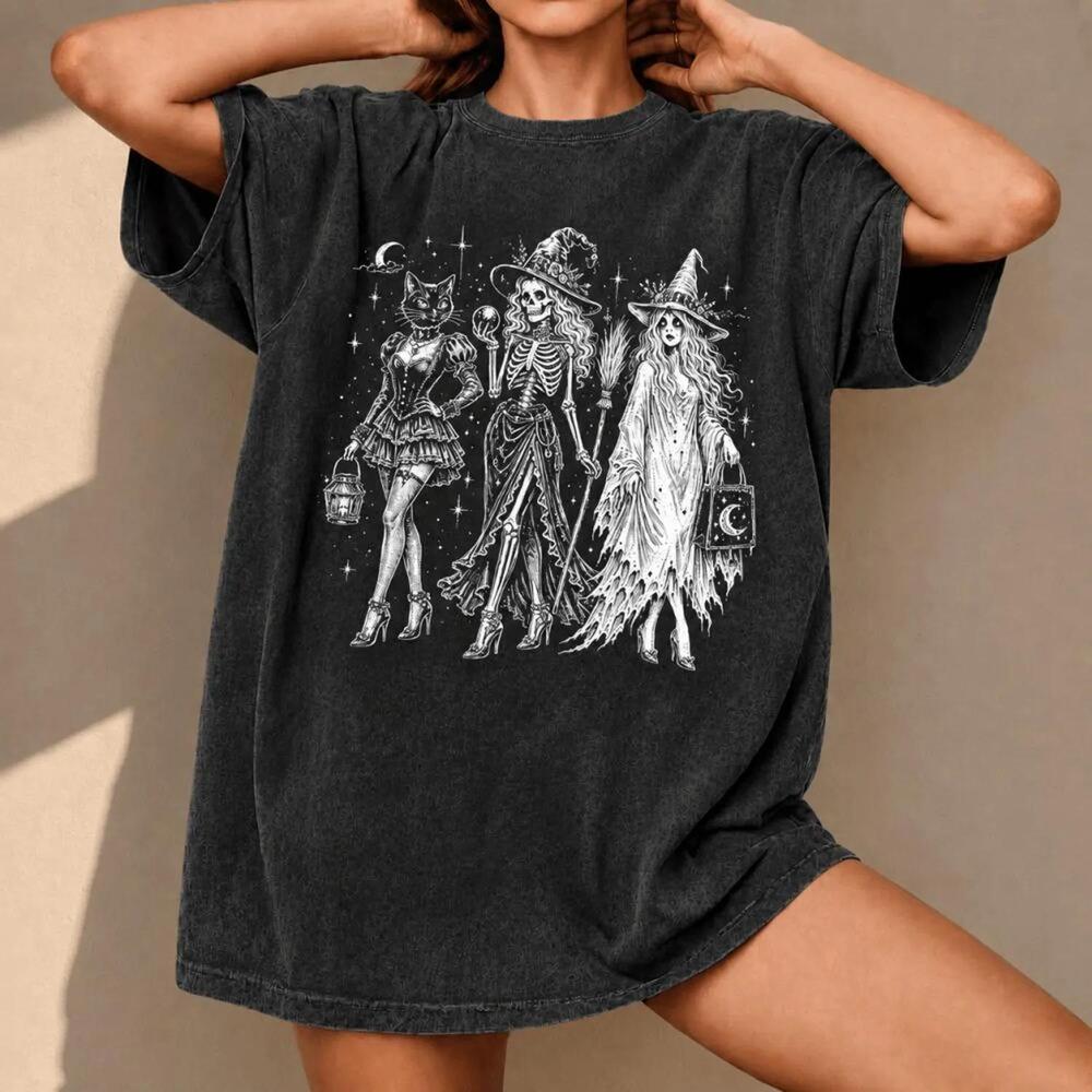 Witches Cat Shirt, Witchy Tee, Cute Skeleton Graphic Tee, Black Cat Halloween